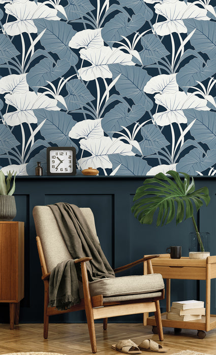 NextWall Elephant Leaves Blue Lagoon Wallpaper Sample NW52002