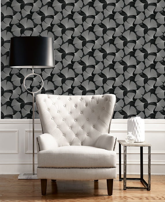 NextWall Tossed Ginkgo Leaf Ebony & Greystone Wallpaper Sample NW52200