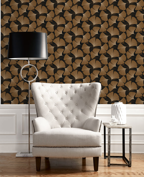 NextWall Tossed Ginkgo Leaf Ebony & Metallic Copper Wallpaper Sample NW52206