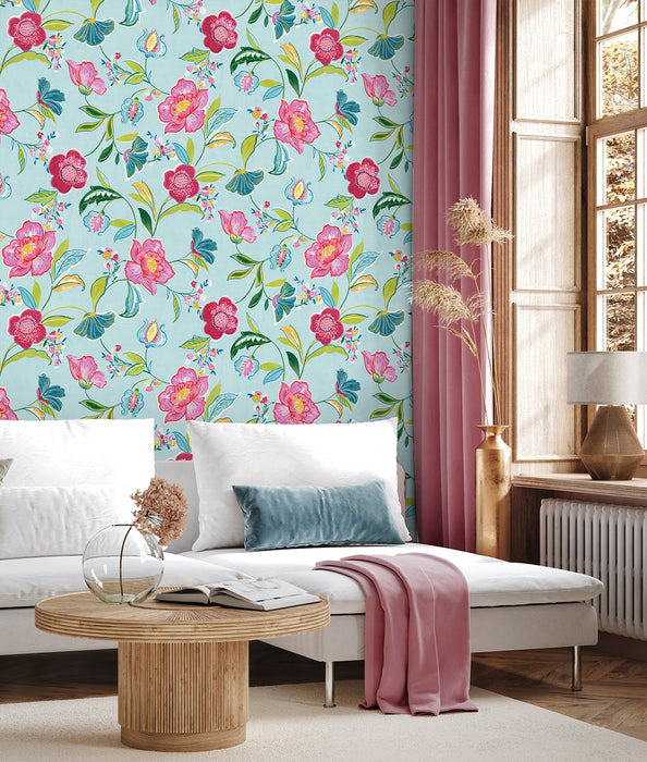 NextWall Painterly Floral Light Aqua Wallpaper Sample NW52302