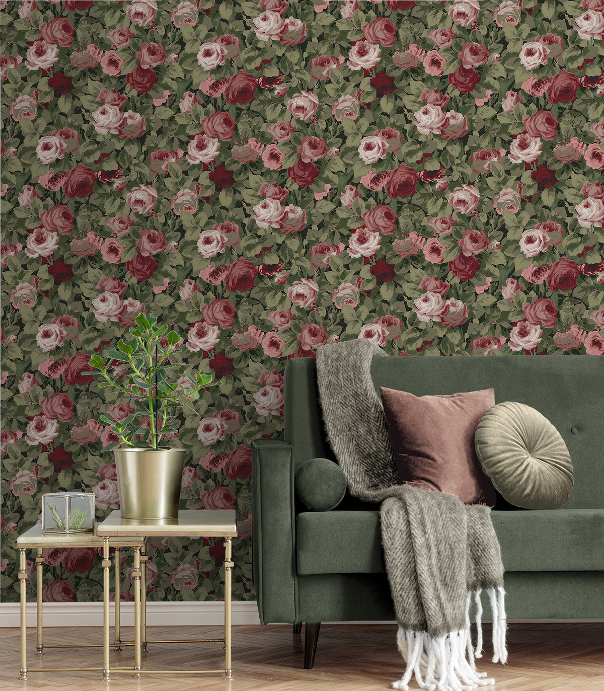 NextWall Rose Garden Garnet & Basil Wallpaper NW52401