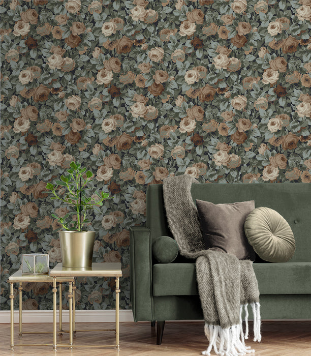 NextWall Rose Garden Midnight Blue & Cafe Wallpaper Sample NW52402