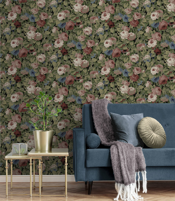 NextWall Rose Garden Olive And Wine Wallpaper Sample NW52411