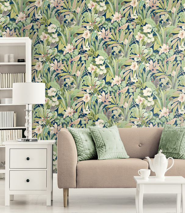 NextWall Blossoming Birds Fern & Denim Blue Wallpaper Sample NW52502