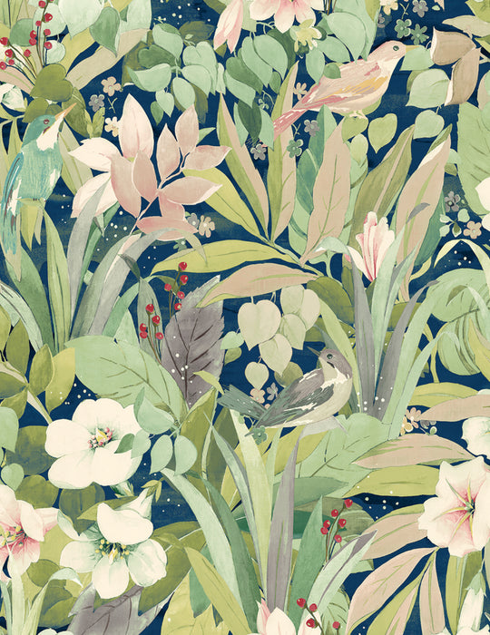 NextWall Blossoming Birds Fern & Denim Blue Wallpaper Sample NW52502