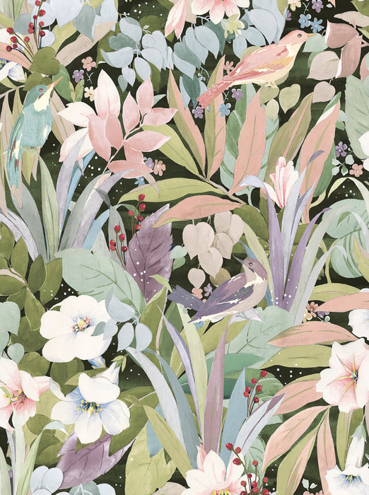 NextWall Blossoming Birds Forest & Petal Pink Wallpaper Sample NW52505