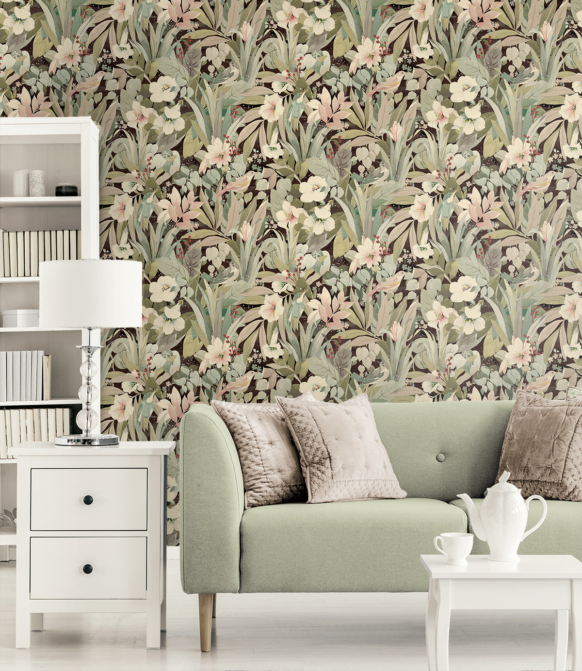 NextWall Blossoming Birds Sage & Ash Brown Wallpaper NW52506