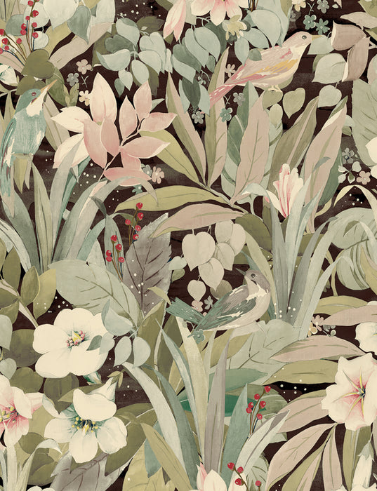 NextWall Blossoming Birds Sage & Ash Brown Wallpaper Sample NW52506