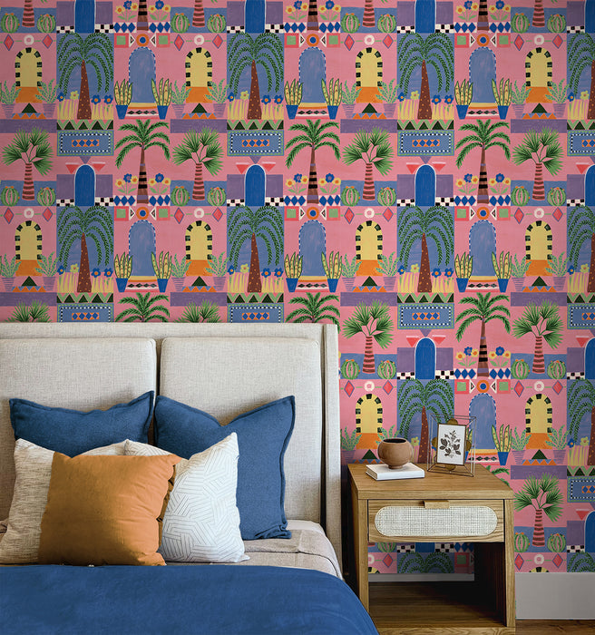 NextWall Tropical Facade Pink Wallpaper Sample NW52601