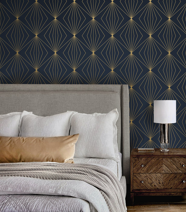 NextWall Gem Geometric Dark Blue & Metallic Gold Wallpaper NW53102