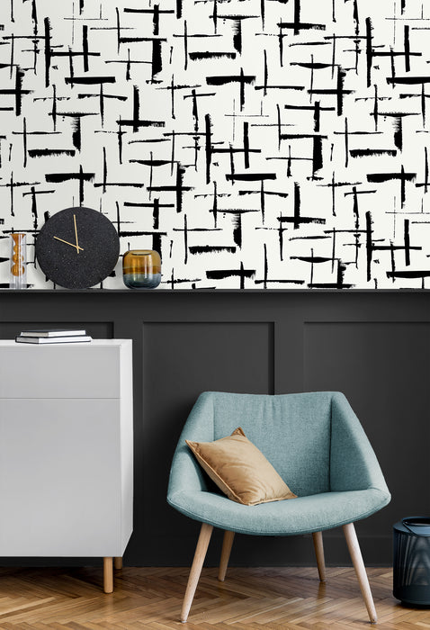 NextWall Crosshatch Abstract Ebony & Eggshell Wallpaper Sample NW53300