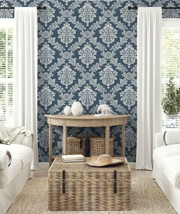 NextWall Seaside Damask Denim Blue Wallpaper Sample NW53602