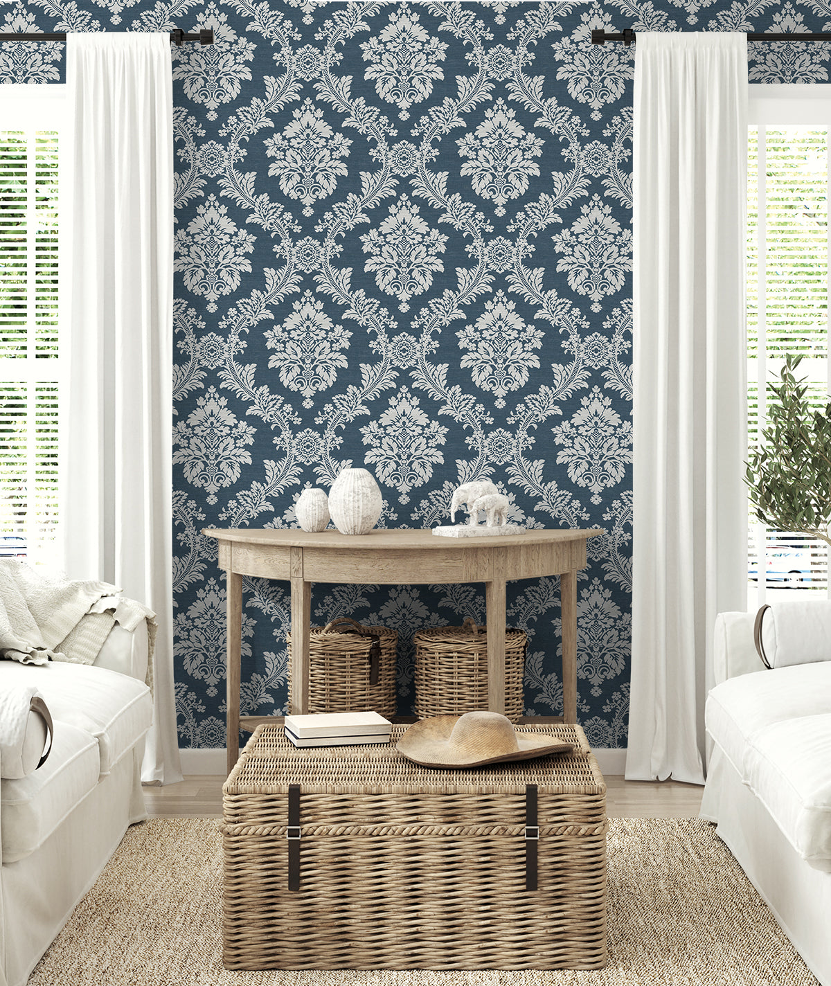 NextWall Seaside Damask Denim Blue Wallpaper NW53602