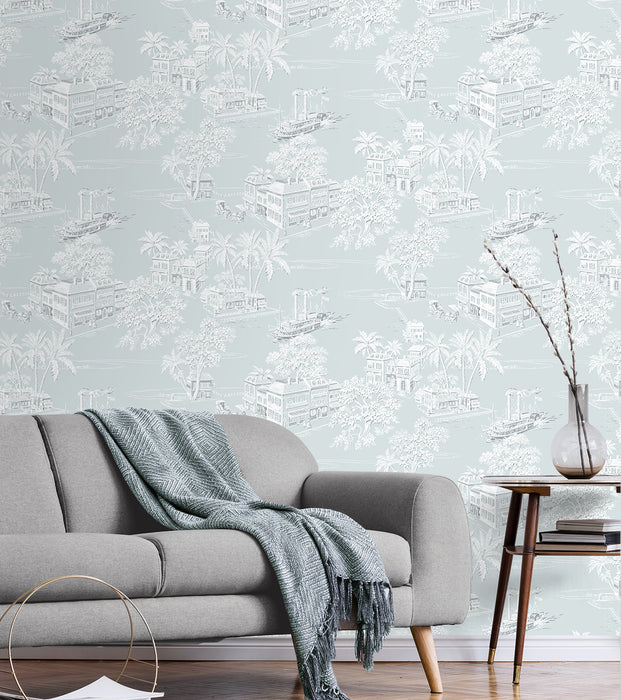 NextWall Coastline Toile Blue Mist Wallpaper Sample NW53702