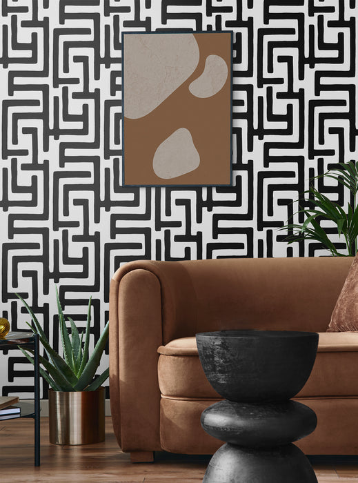 NextWall Graphic Maze Black Wallpaper Sample NW54100