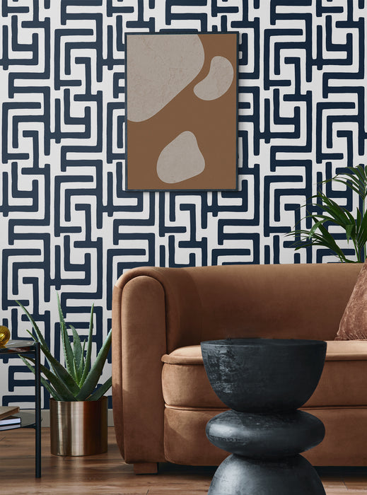 NextWall Graphic Maze Dark Blue Wallpaper Sample NW54102