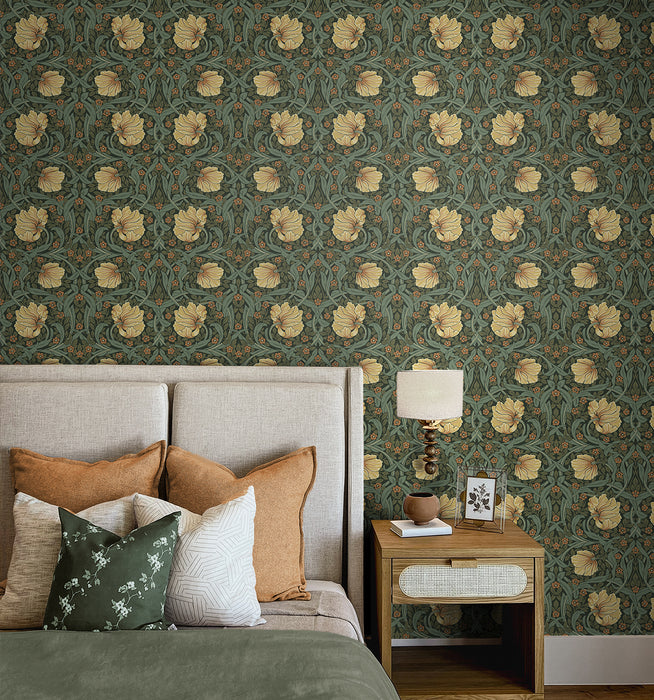 NextWall Pimpernel Garden Meadow Green & Amber Wallpaper NW54204