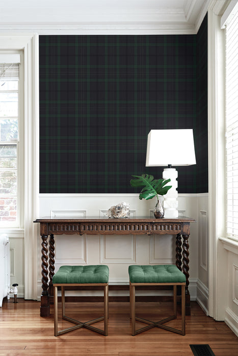 NextWall Tailor Plaid Dark Blue & Evergreen Wallpaper Sample NW54302