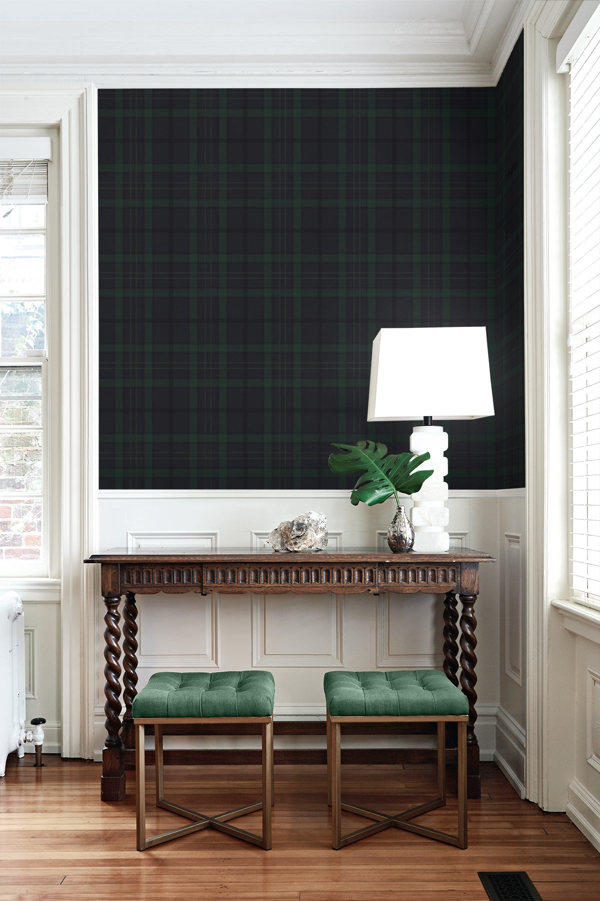 NextWall Tailor Plaid Dark Blue & Evergreen Wallpaper NW54302