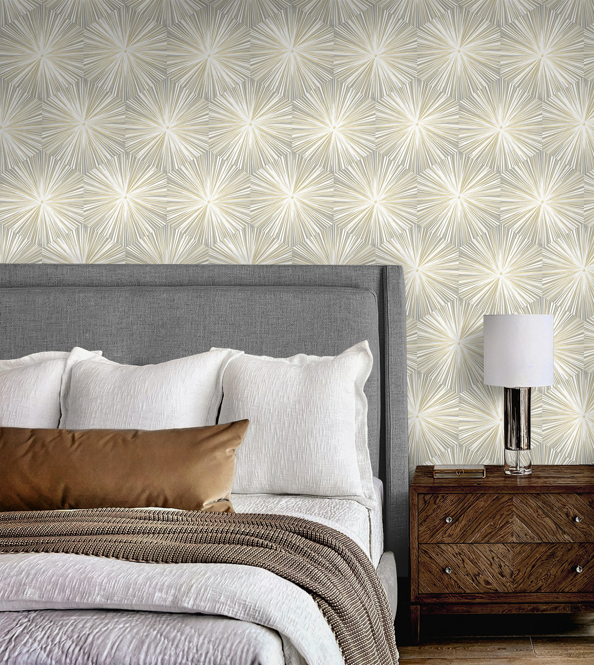 NextWall Hex Starburst Grey & Metallic Gold Wallpaper NW55008