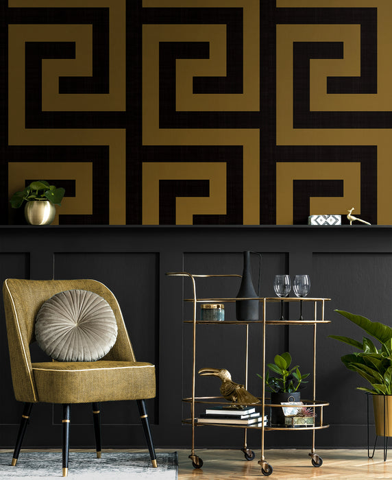 NextWall Maze Geo Ebony & Gold Wallpaper Sample NW55215