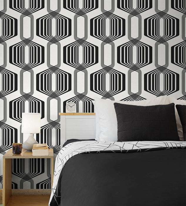 NextWall Striped Geo Ebony Wallpaper Sample NW55300