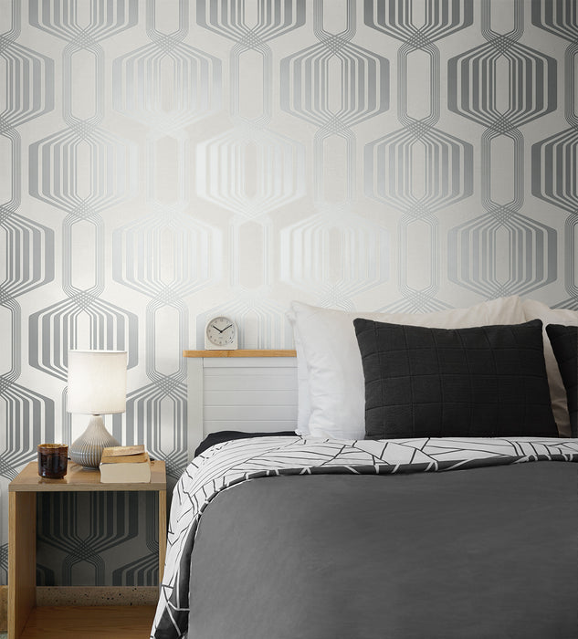 NextWall Striped Geo Metallic Silver Wallpaper NW55302