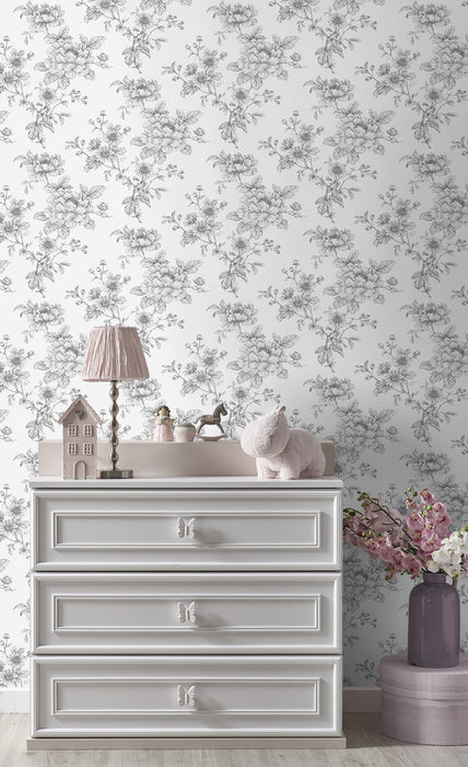 NextWall Sketched Floral Grey Wallpaper Sample NW55708