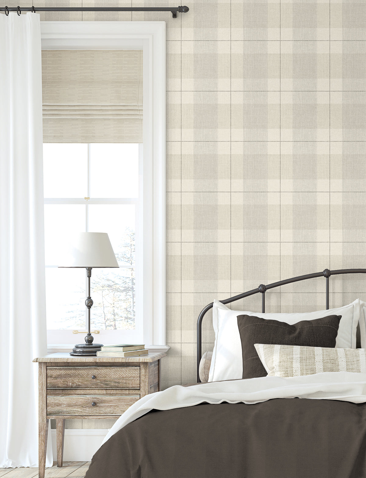 NextWall Lenox Hill Plaid Neutral Wallpaper NW56906