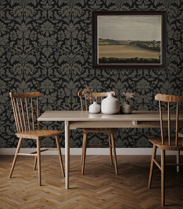 NextWall Ansel Damask Ebony & Pavestone Wallpaper NW57710