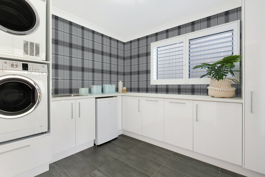 NextWall Manorvale Plaid Greyscale Wallpaper Sample NW58010