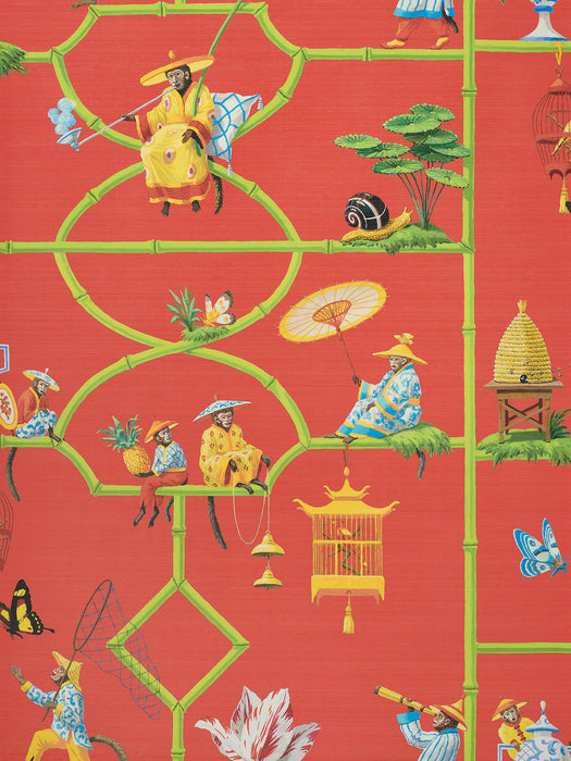 Pierre Frey Les Singes Savants Rouge Wallpaper Sample FP770003