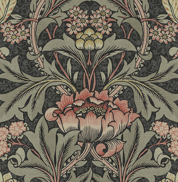 Seabrook Designs Acanthus Floral Prepasted Charcoal & Rosewood Wallpaper Sample PR10001