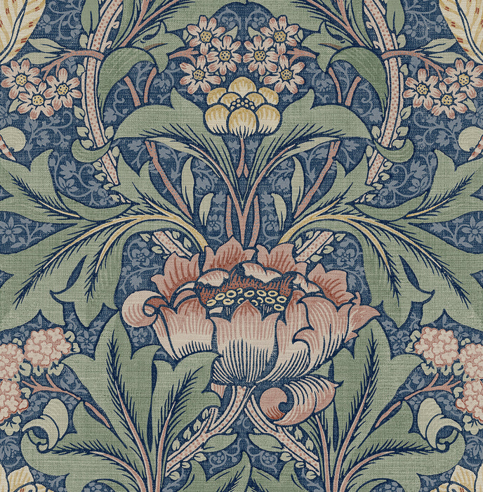 Seabrook Designs Acanthus Floral Prepasted Denim Blue & Salmon Wallpaper PR10002