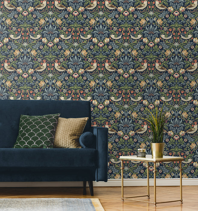 Seabrook Designs Fragaria Garden Prepasted Midnight Blue Wallpaper Sample PR10102