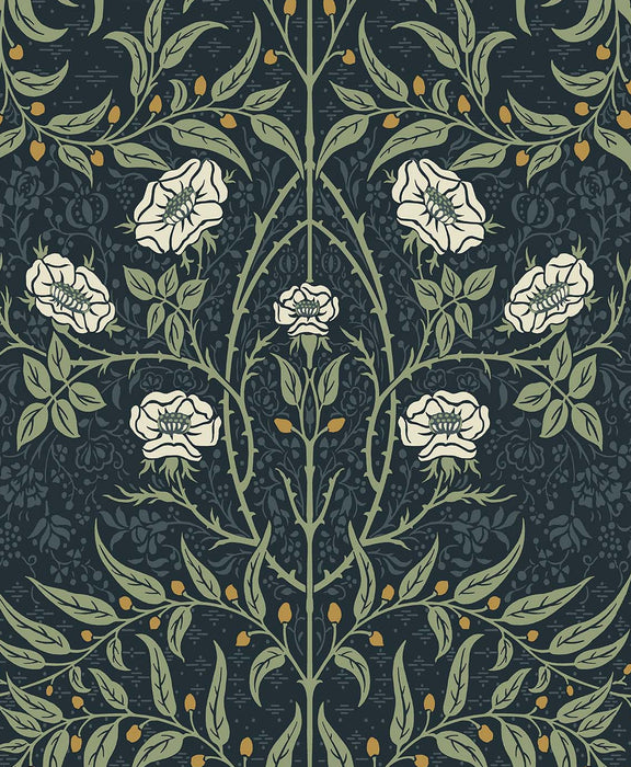 Seabrook Designs Stenciled Floral Prepasted Navy & Sage Wallpaper Sample PR10202