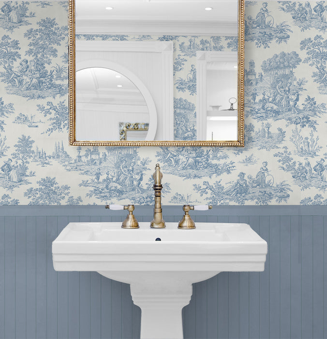 Seabrook Designs Chateau Toile Prepasted Blue Bell Wallpaper Sample PR10602