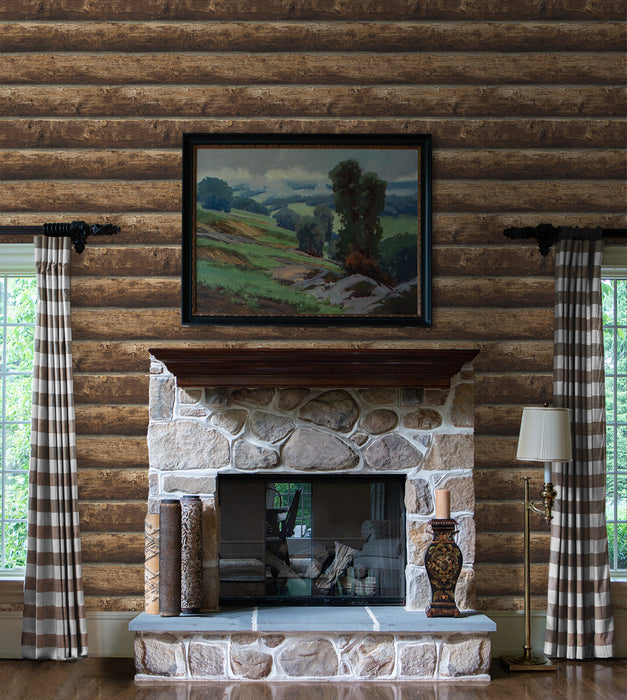 Seabrook Designs Faux Log Cabin Prepasted Walnut Wallpaper Sample PR10900