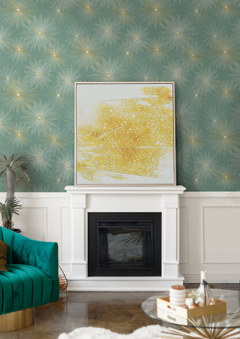 Seabrook Designs Starburst Geo Prepasted Teal & Gold Wallpaper Sample PR11004