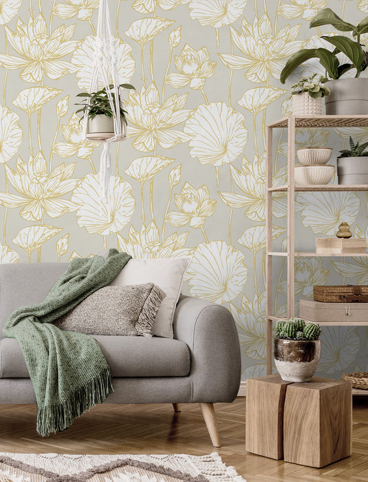 Seabrook Designs Lotus Floral Prepasted Grey & Gold Wallpaper Sample PR11308