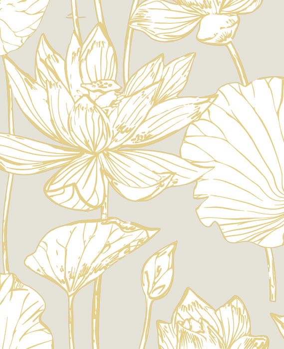 Seabrook Designs Lotus Floral Prepasted Grey & Gold Wallpaper Sample PR11308