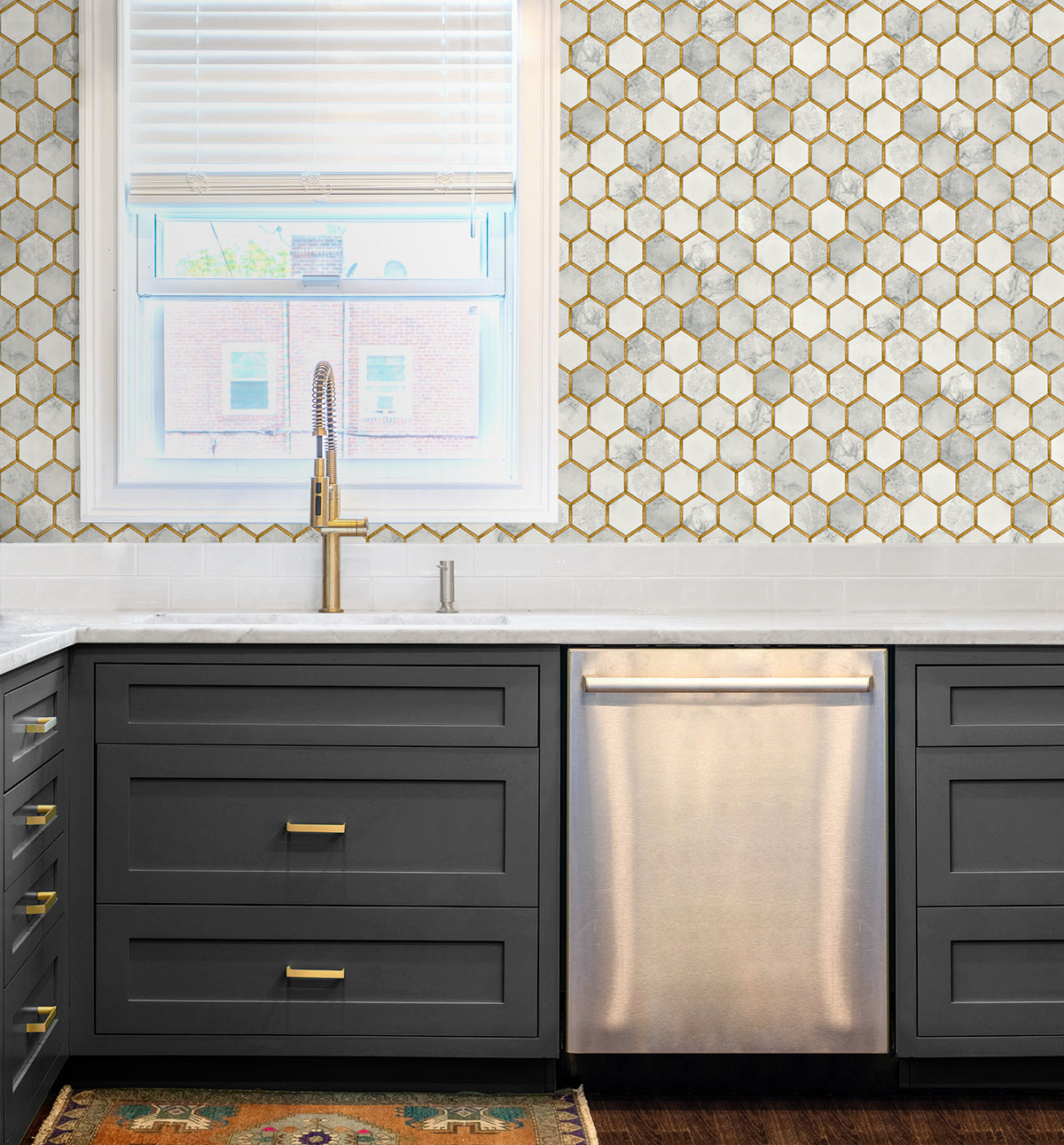 Seabrook Designs Faux Hex Tile Alaska Grey & Metallic Gold Wallpaper PR12905