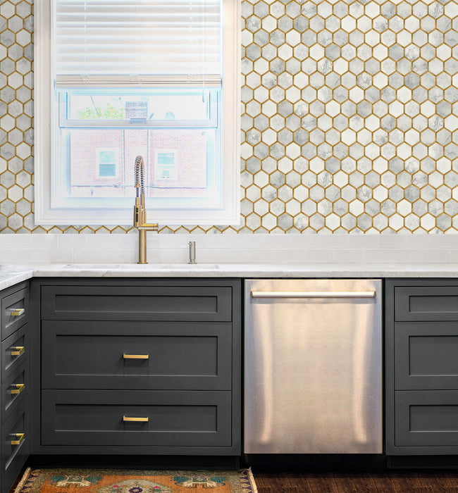 Seabrook Designs Faux Hex Tile Alaska Grey & Metallic Gold Wallpaper Sample PR12905