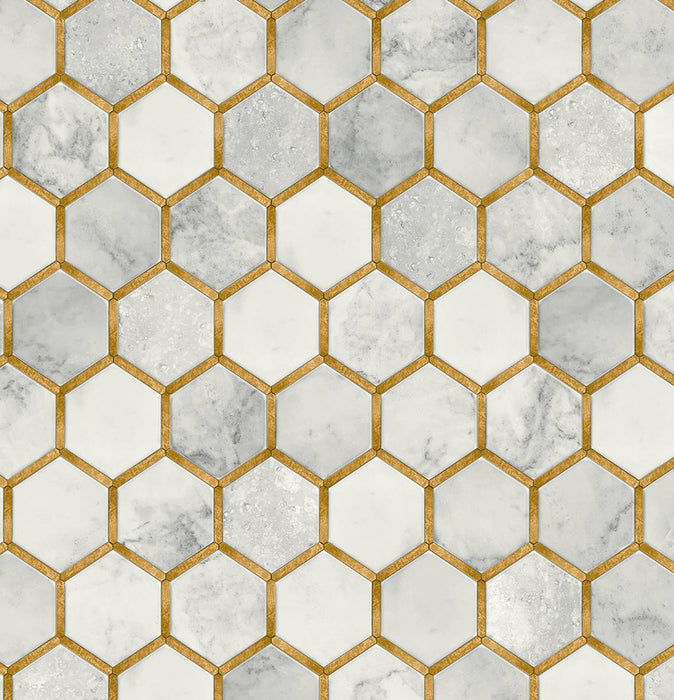 Seabrook Designs Faux Hex Tile Alaska Grey & Metallic Gold Wallpaper Sample PR12905