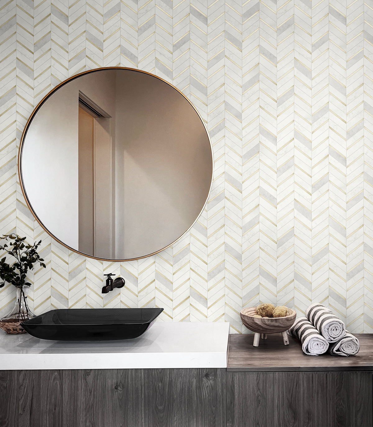 Seabrook Designs Chevron Faux Tile Gold & Pearl Grey Wallpaper PR13105