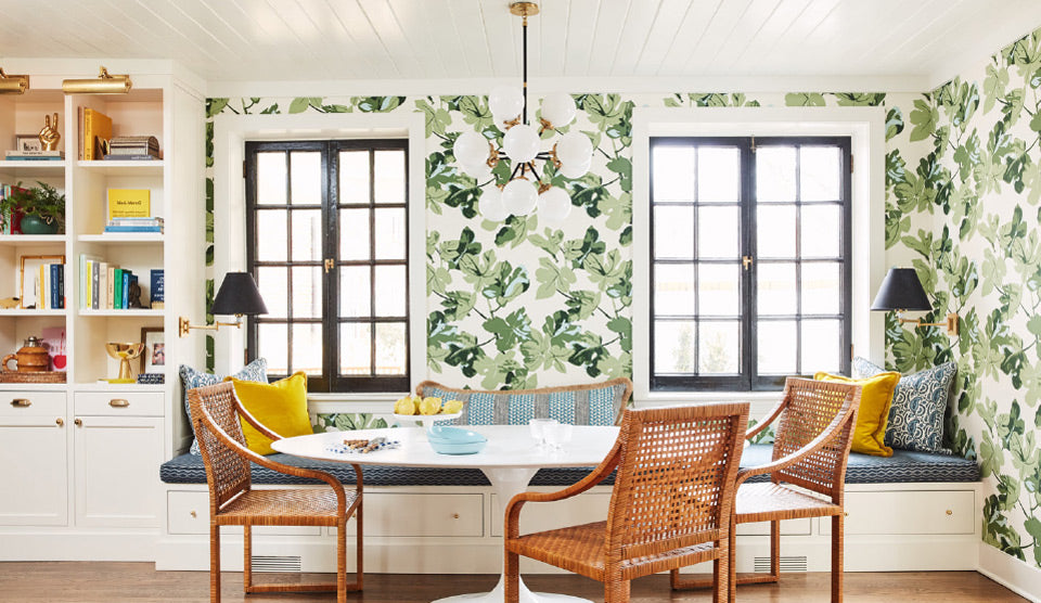 Peter Dunham Fabric and Wallpaper Kitchen Table with  Fig Leaf Green and White