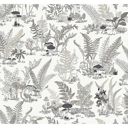 York Mushroom Garden Toile Black & Grey Wallpaper RT7893