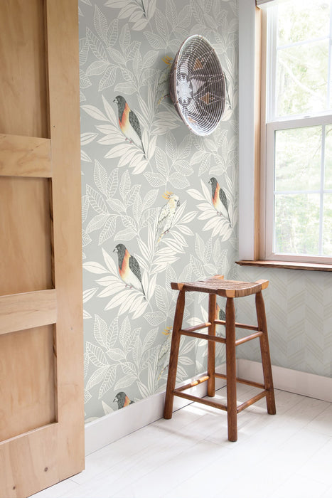 Seabrook Designs Paradise Island Birds Daydream Gray And Ivory Wallpaper Sample RY30100