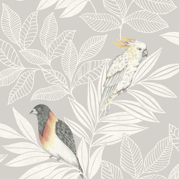 Seabrook Designs Paradise Island Birds Daydream Gray And Ivory Wallpaper Sample RY30100