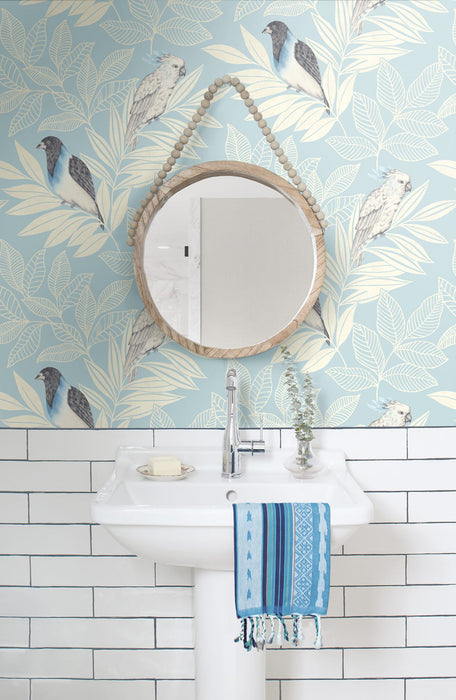 Seabrook Designs Paradise Island Birds Blue Oasis And Ivory Wallpaper Sample RY30102